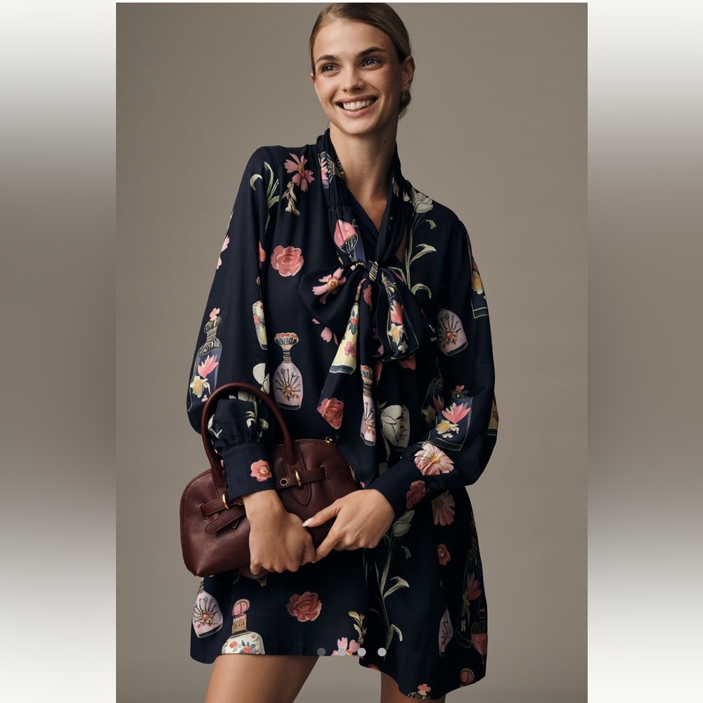NWT Anthropologie Maeve Caroline Long Sleeve Tie Neck Mini Dress